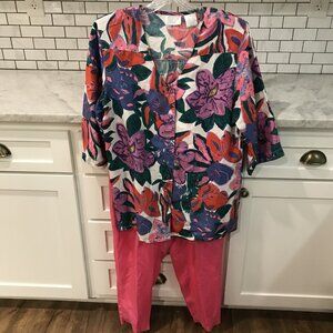 Sellecca Silks Shirt Pants Set Womens Medium Pink Floral 100% Silk Lounge Outfit